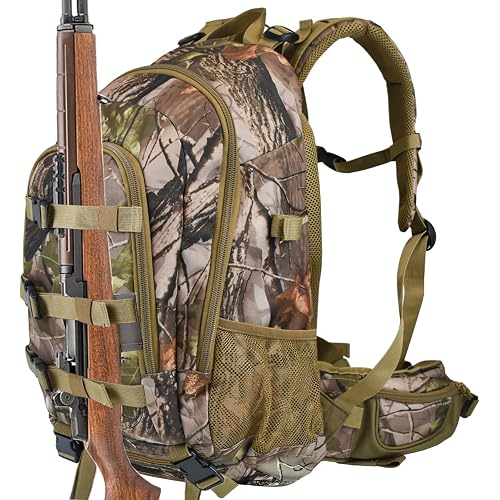 AUMTISC 40L Hunting Bag Backpack with Rifle Holder for Men, Camo Hunting Day Back Pack with Rain Cover for Gun Bow