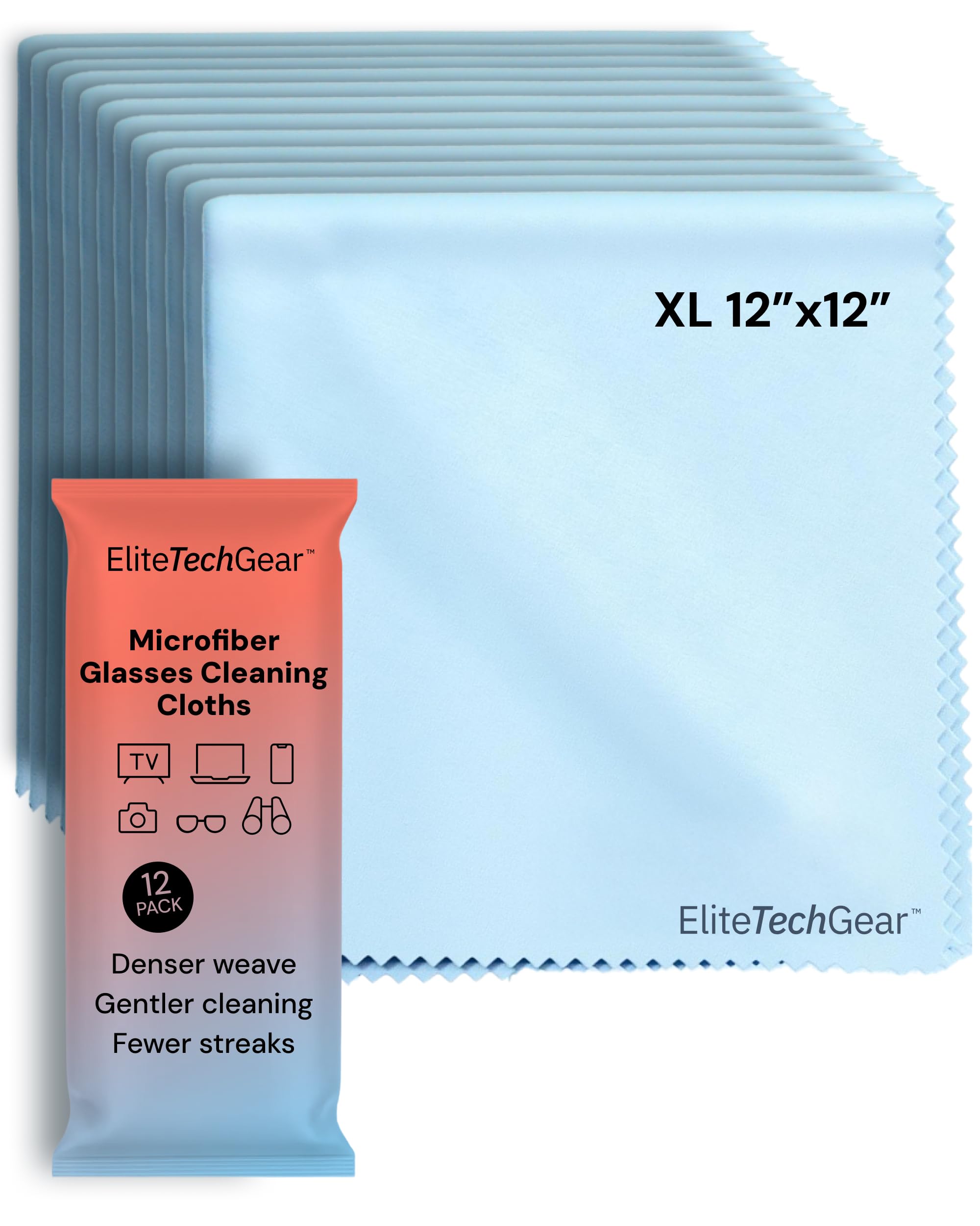 Elite Screens Microfiber Cleaning Cloth - Pack of 12, 12" x 12", Blue - Streak-Free Vision & Glasses Wipes - Quick-Dry Reusable & Eyeglass Wipes - Portable & Screen Cleaning Cloth