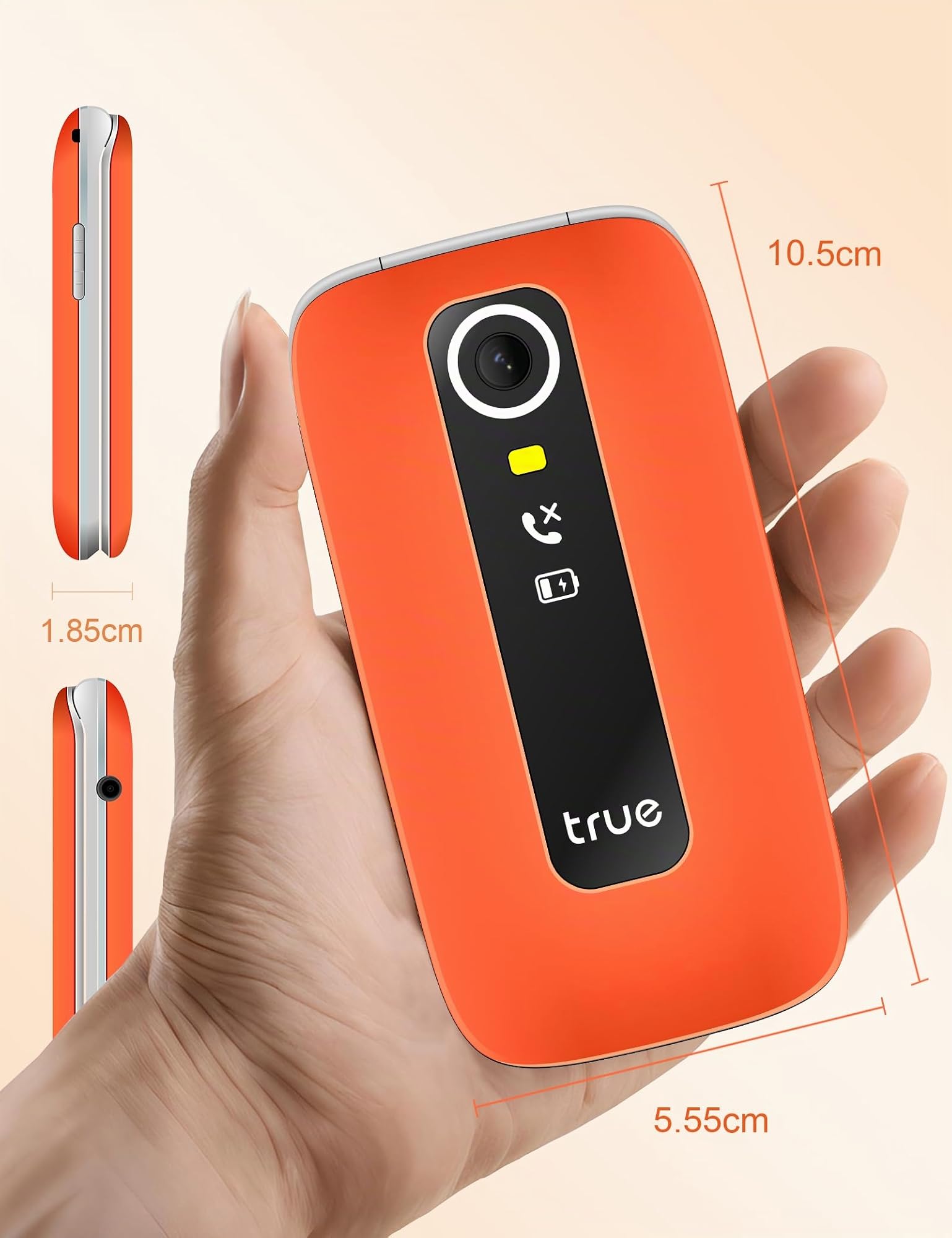 TRUE S70 Telefono Cellulare Flip per Anziani con Tasti Grandi 2G GSM | Display 2,8", Pulsante SOS, Allarme Caduta, 2G GSM, Contapassi, fotocamera, Base di Ricarica, Arancione