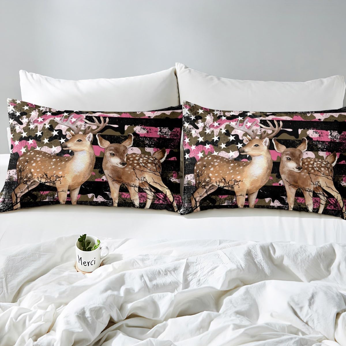 Sika Deer Fitted Sheet Queen Spotted Deer American Flag Bed Sheets,Pink Camouflage USA National Flag Sheets Vintage Camo Stars and Stripes Bed Set,Farmhouse Reindeer Rustic Home Decor