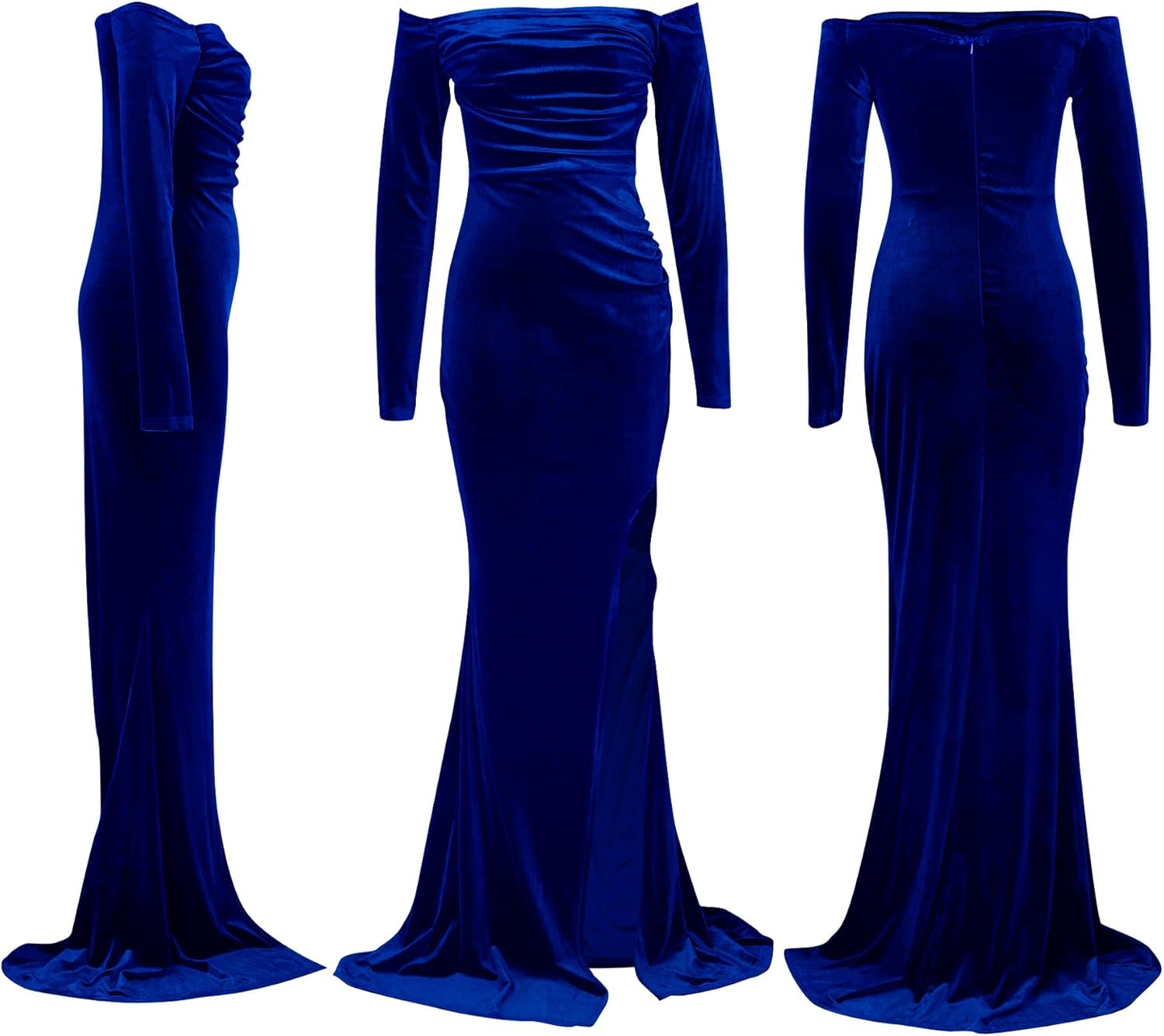 Vakkest Women Off The Shoulder Formal Dresses Long Sleeve Evening Party Velvet Maxi Dress High Split Cocktail Gowns - Image 4