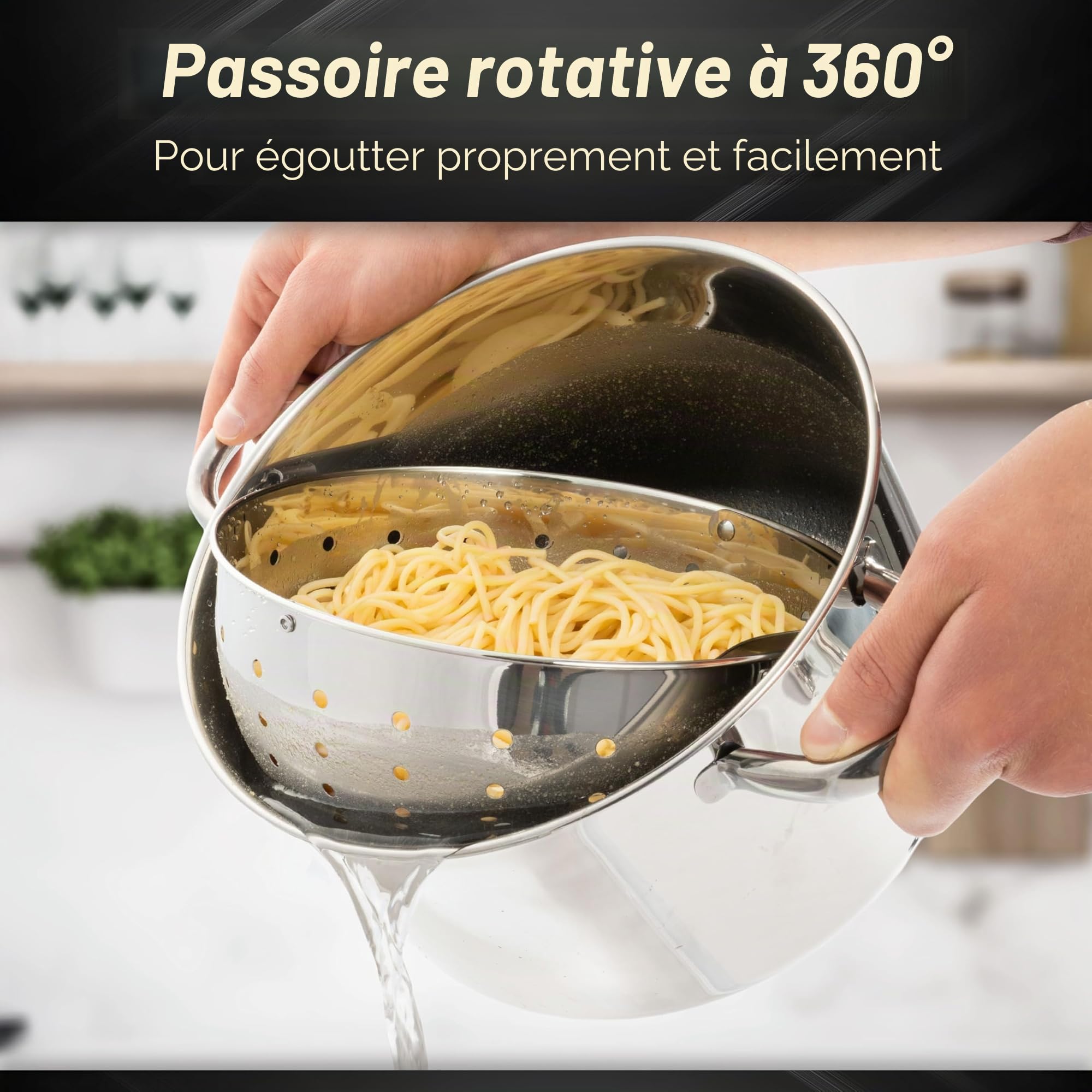 BEYOND Casserole à Pâtes 24 cm Acier Inoxydable - Couvercle en Verre, Passoire Amovible, Compatible Induction, Cuiseur Multifonction, Faitout avec Égouttoir Intégré