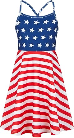 Girls 4th of July Summer Dresses Patriotic American Flag Adjusted Spaghetti Strap Dress Size 4-11 | American Flag Adjusted Spaghetti Strap Dress Size 4-11