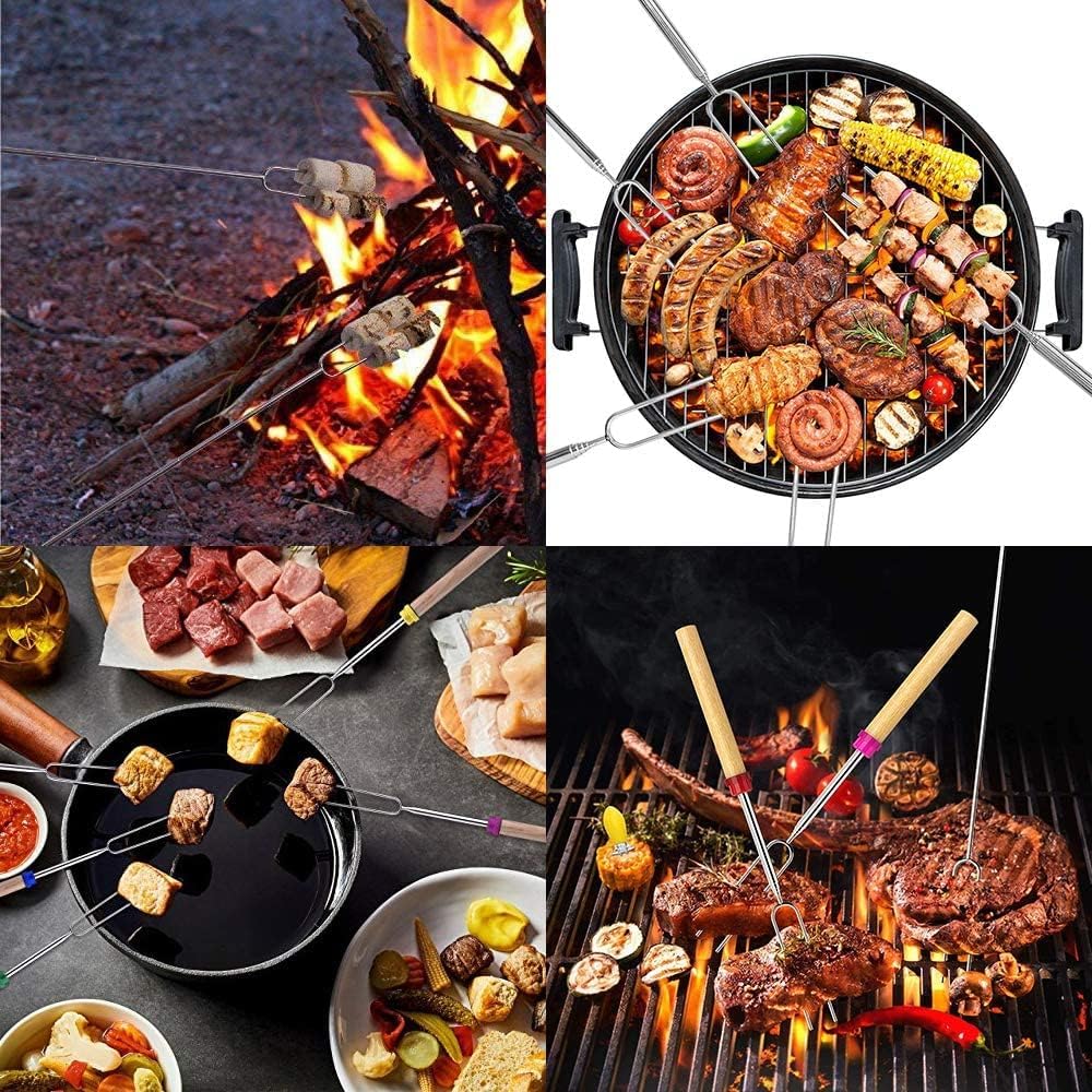 12 Pcs Marshmallow Roasting Sticks, BetterJonny 31cm - 82cm Long Extendable Fork Smores Sticks with Wooden Handle Stainless Steel Forks BBQ Tools with Black Storage Bag for Barbecue, Camping, Campfire
