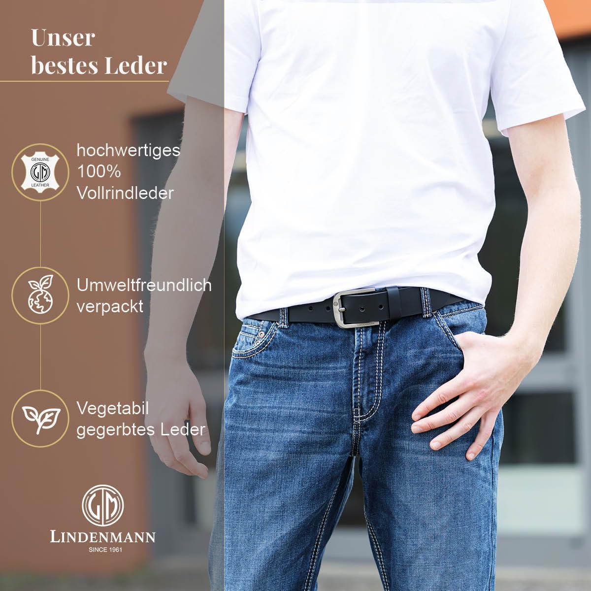 Lindenmann Cintura in pelle da uomo, cintura in pelle pieno fiore per jeans, nera