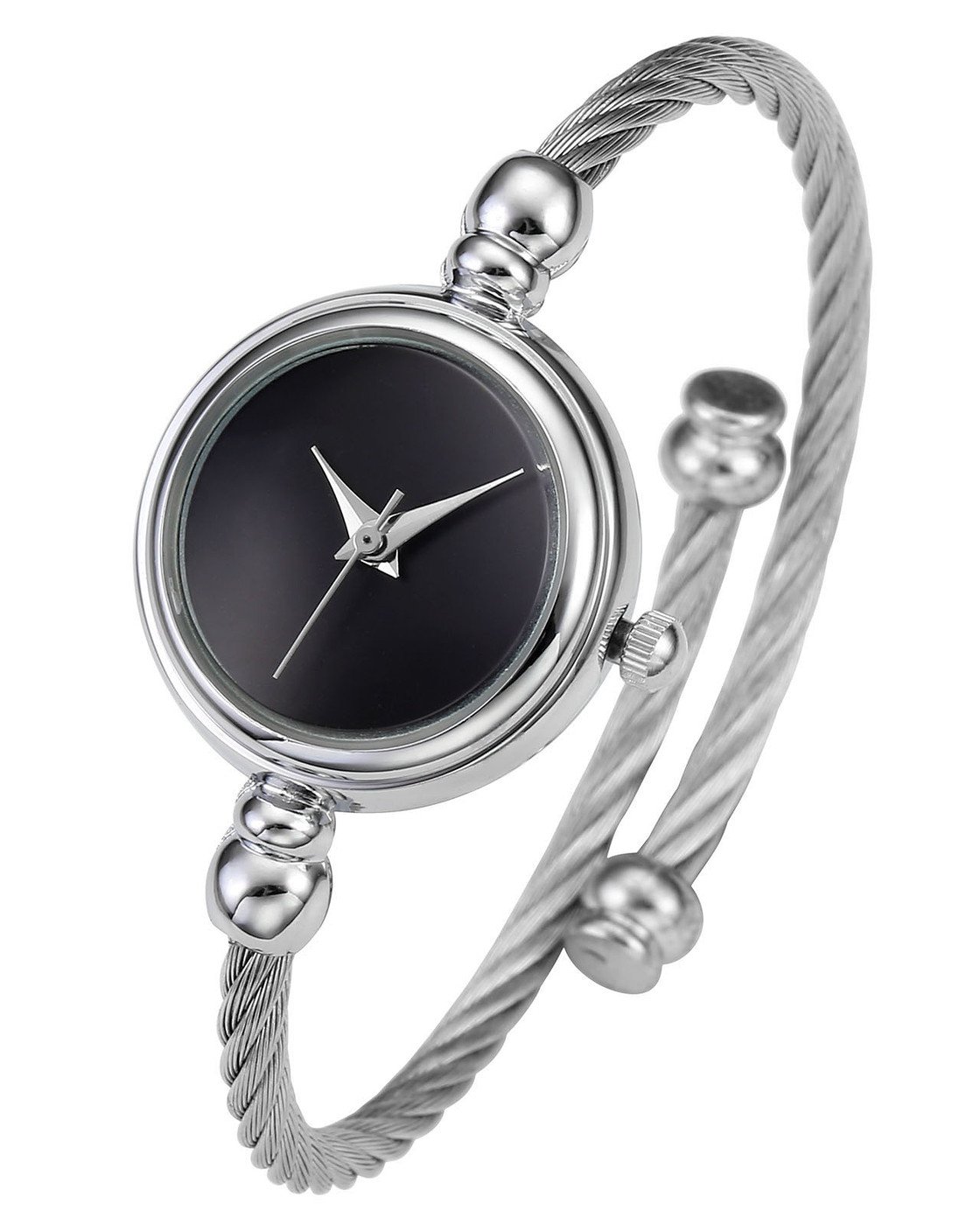 Top Plaza Womens Fashion Silver Gold Tone Analog Quartz Bangle Cuff Bracelet Wrist Watch, Simple Elegant Stainless Steel Wire Band, 6.8 Inches