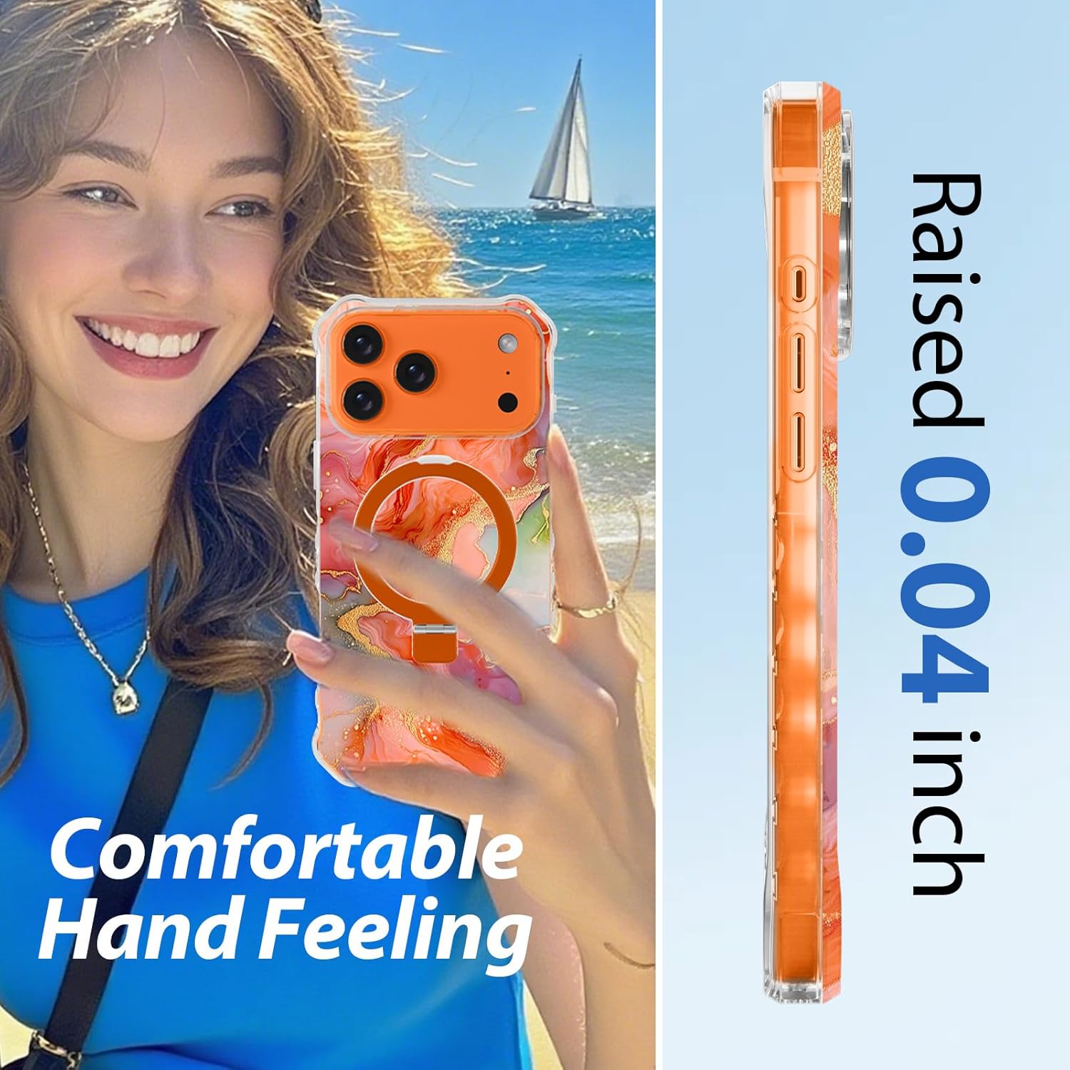 Magnetic for iPhone 17 Pro Max Case with Invisible Stand, Compatible with MagSafe, Clear Bling Sparkle Shockproof Slim Anti-Slip Military Drop Protection Hard Phone Case 6.9" Orange