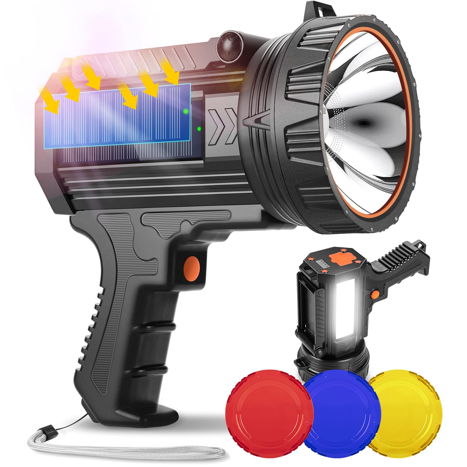 YIERBLUE Rechargeable Spotlight Flashlight with Solar Panels, 1000 High Lumen Outdoor Handheld Spot Lights and Flood Light, Foldable Stand and 3 Colors Lenses for Boating Hunting and Camping