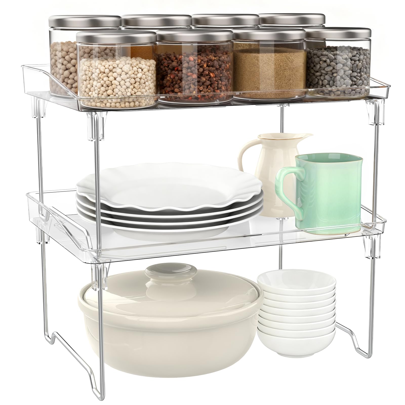 Euqvunn Transparent 2 Packs Spice Rack, Foldable Cupboard Organiser, Stackable Shelf Organiser Kitchen Storage, Shelves For Cupboards, Cabinet, Pantry, Countertop