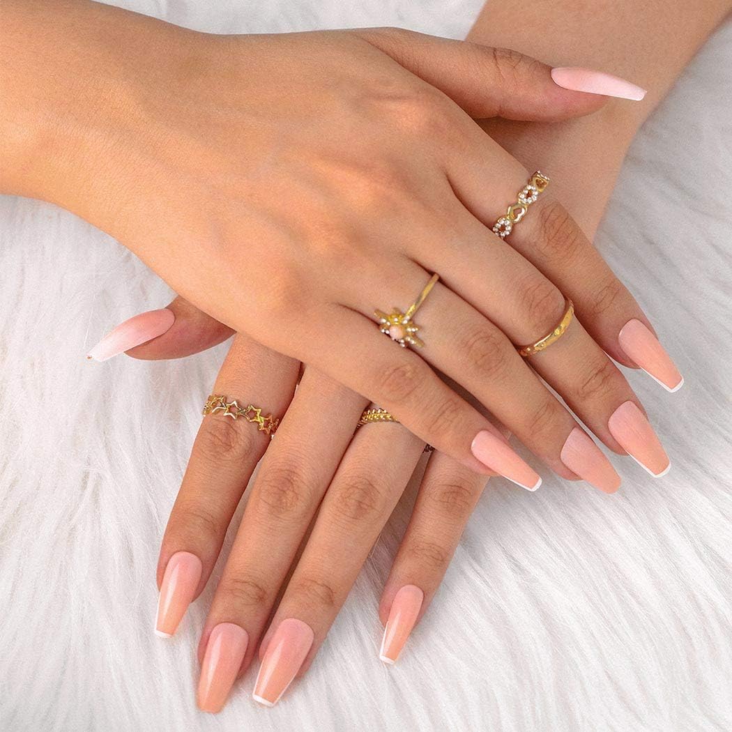 Sethexy French Glossy False Nail Long Coffin Fake Nails Pink Ballerina Nails with Glue 24Pcs Acrylic Art Press on Nail Tips for Women and Girls (B) - Image 3