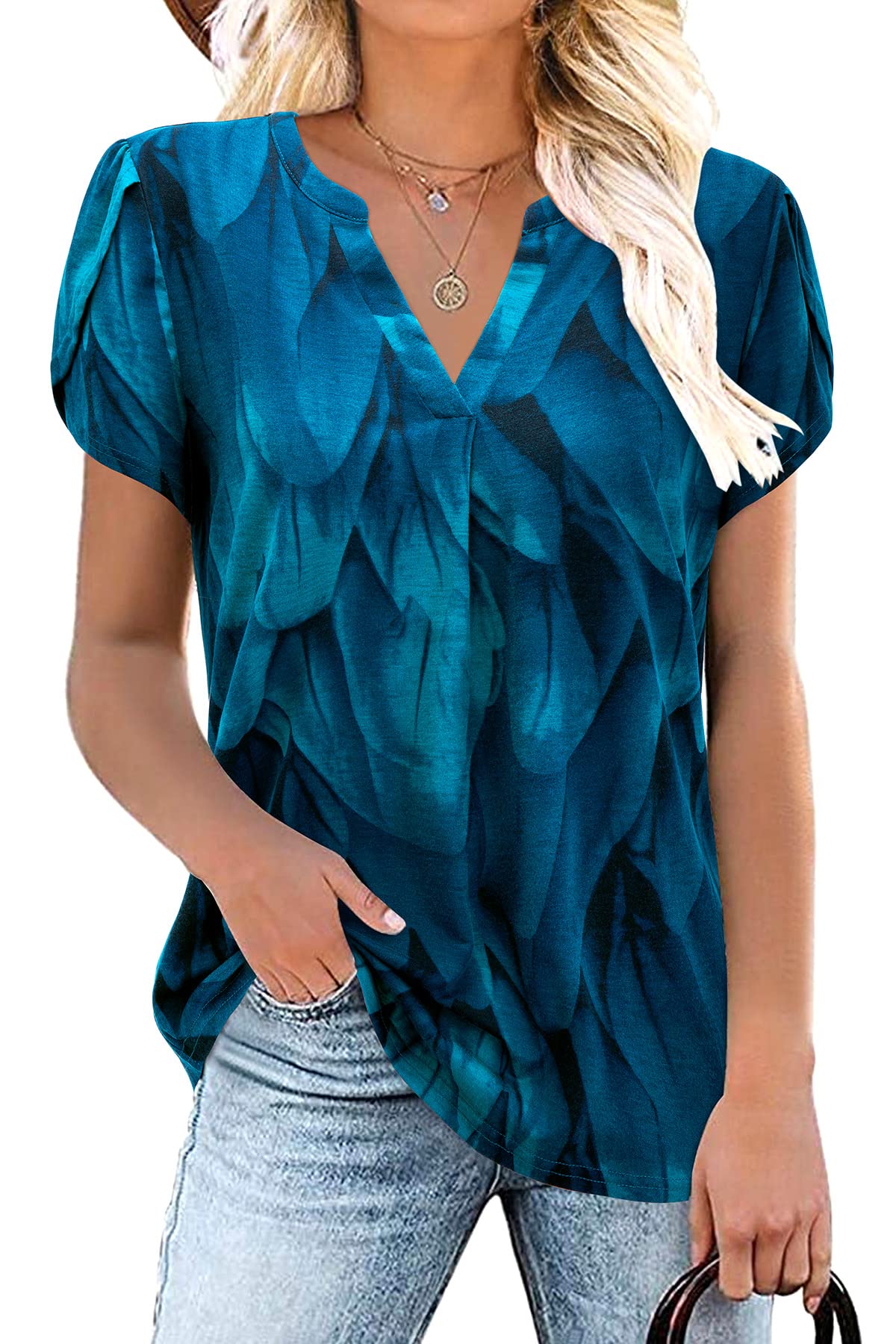 Siddhe Damen Bluse Kurzarm T-Shirts V-Ausschnitt Elegant Lässig Tunika Oberteil Locker Sommer Longshirt