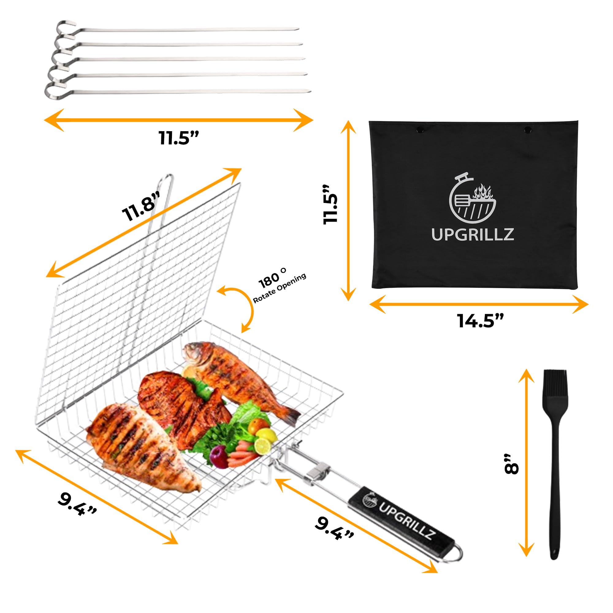BBQ Fish Grill Basket for Outdoor Grill, Stainless Steel Vegetable Grilling Basket with Detachable and Foldable Handle Includes 5 Stainless Steel skewers, basting Brush, and Carry Bag