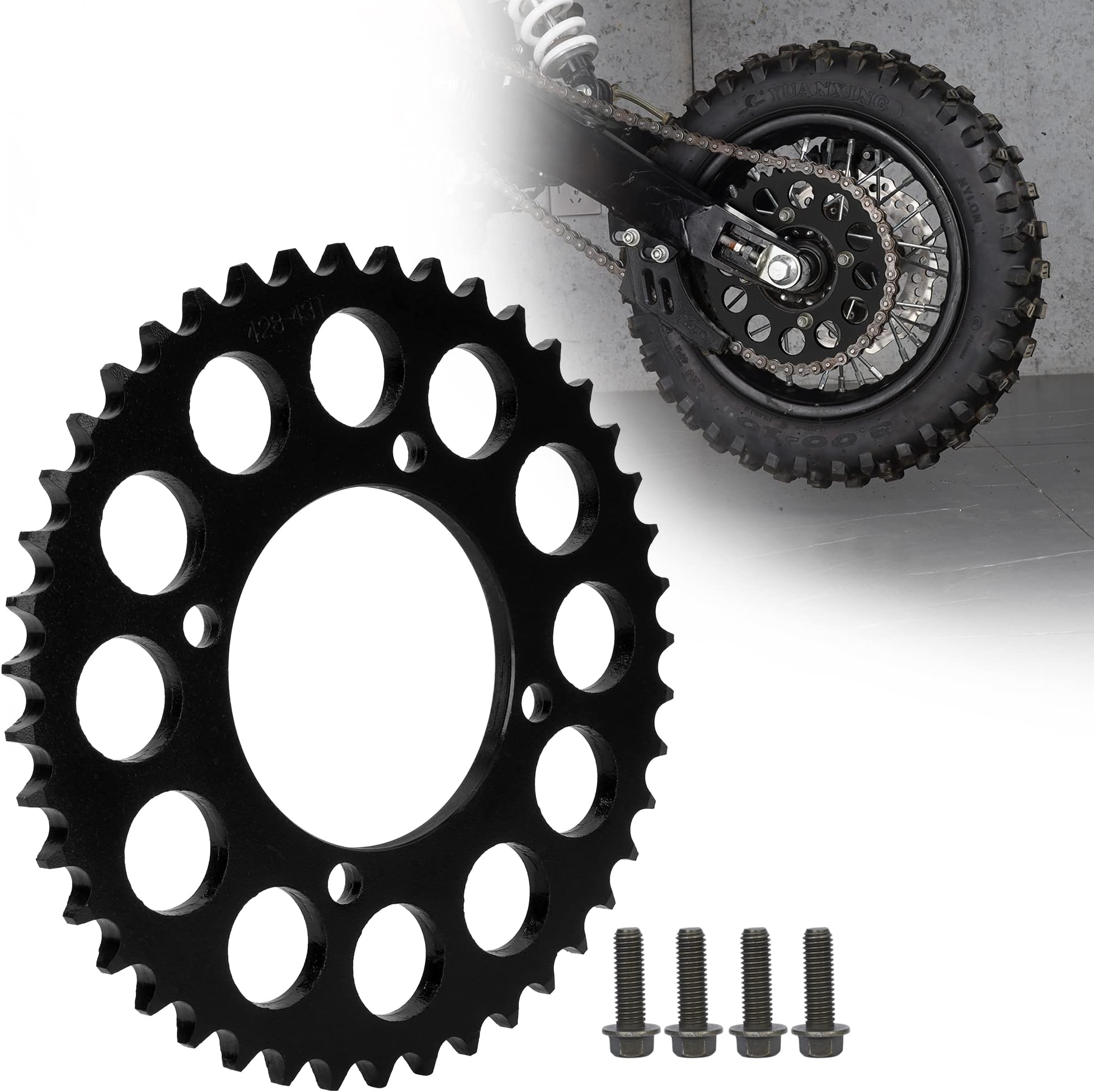 RUTU 428 76mm 43 Tooth Rear Sprocket for Chinese 50cc 70cc 90cc 110cc 125cc 140cc 150cc 160cc 170cc 190cc Pit Dirt Trail Quad Motor Bike ATV