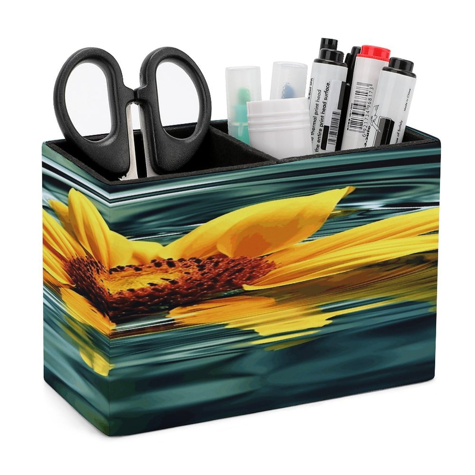 JTREHY Sunflower in Water Pencil Holder Exquisite Fashion Leather Pen Receptacle Soft High-End Pen Container for Office Home Accessories Or Housewarming Present