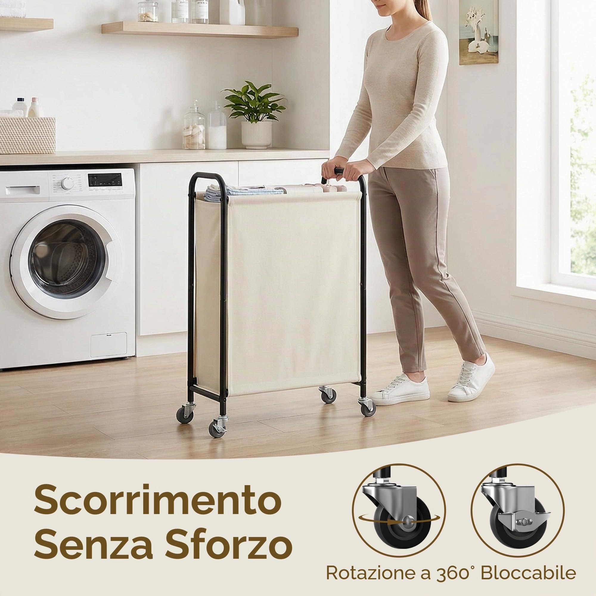 GRANNY SAYS Cesto portabiancheria sottile da 80 L con ruote, cesto portabiancheria in tessuto con ruote, porta-abiti stretto, cesto alto per armadio, lavanderia e bagno, Beige | Telaio in metallo resistente, carrello silenzioso per vestiti in camera da le