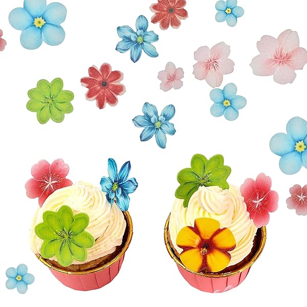 YOcity 70Pcs Edible Flowers Cake Toppers Cupcake Topper Luau Hawaii Flowers Wafer Paper Flower Cake Decorations for Wedding Birthday Baby Shower Party Supplies Mixed Size & Colour