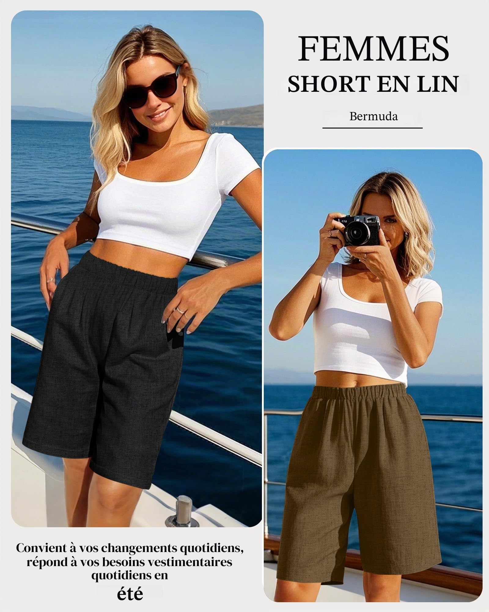 Riyiper Lot de 3 Shorts d'été décontractés en Lin pour Femme - Taille Haute - Style Bermuda - Coupe Large - avec Poches