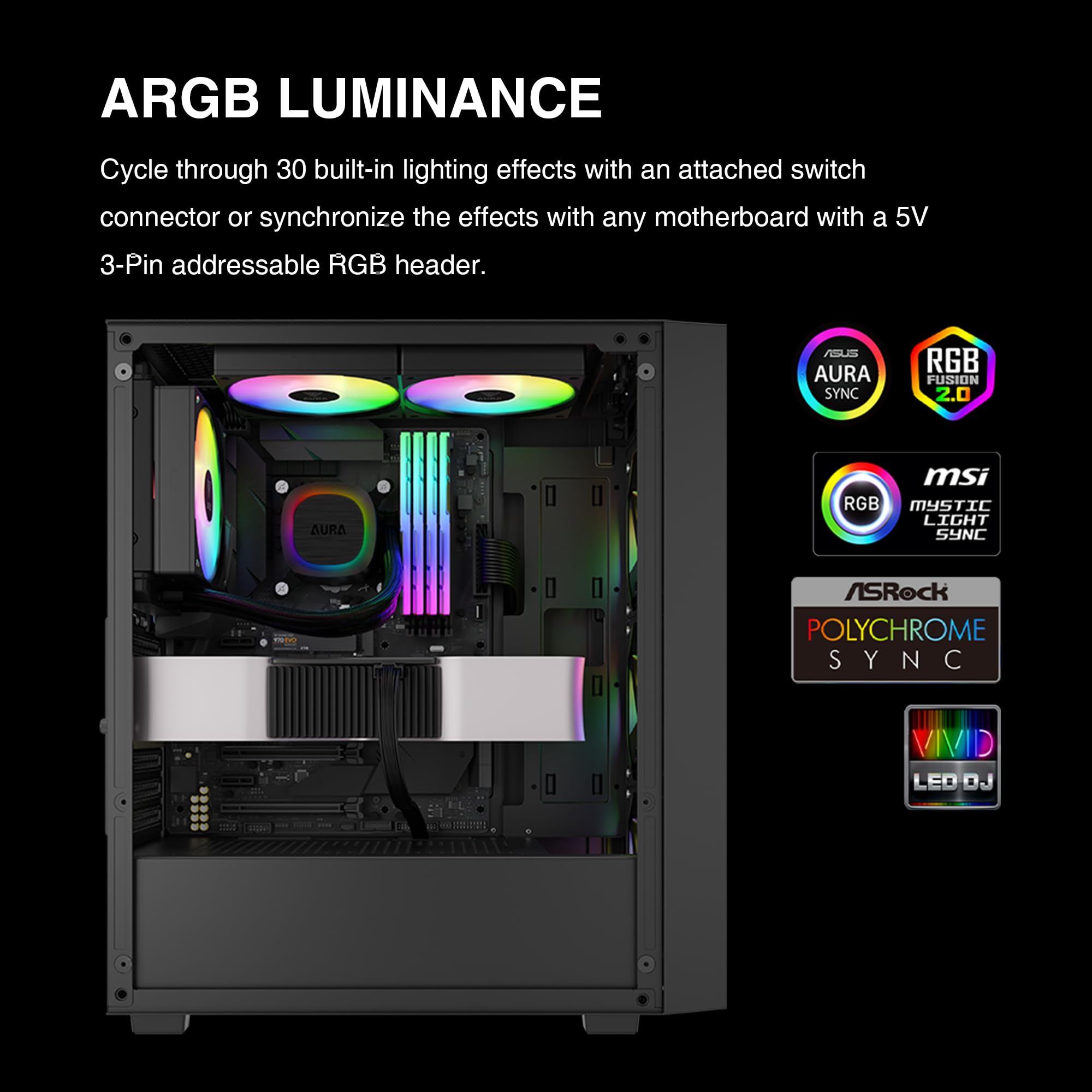 GAMDIAS Dissipatore Liquido 240mm, Design Nascosto dei Cavi, Ventola ARGB PWM con 30 Effetti Luminosi, MB Sync, per Intel 1700/1200& AMD AM5/AM4, Nero