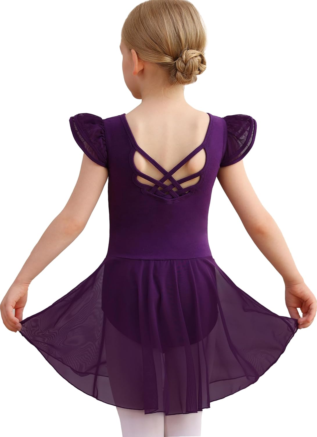 MdnMd Girls Dance Ballet Leotards Dresses for Toddler Ballerina Outfit Skirt Hollow Knot Back Flutter Sleeve