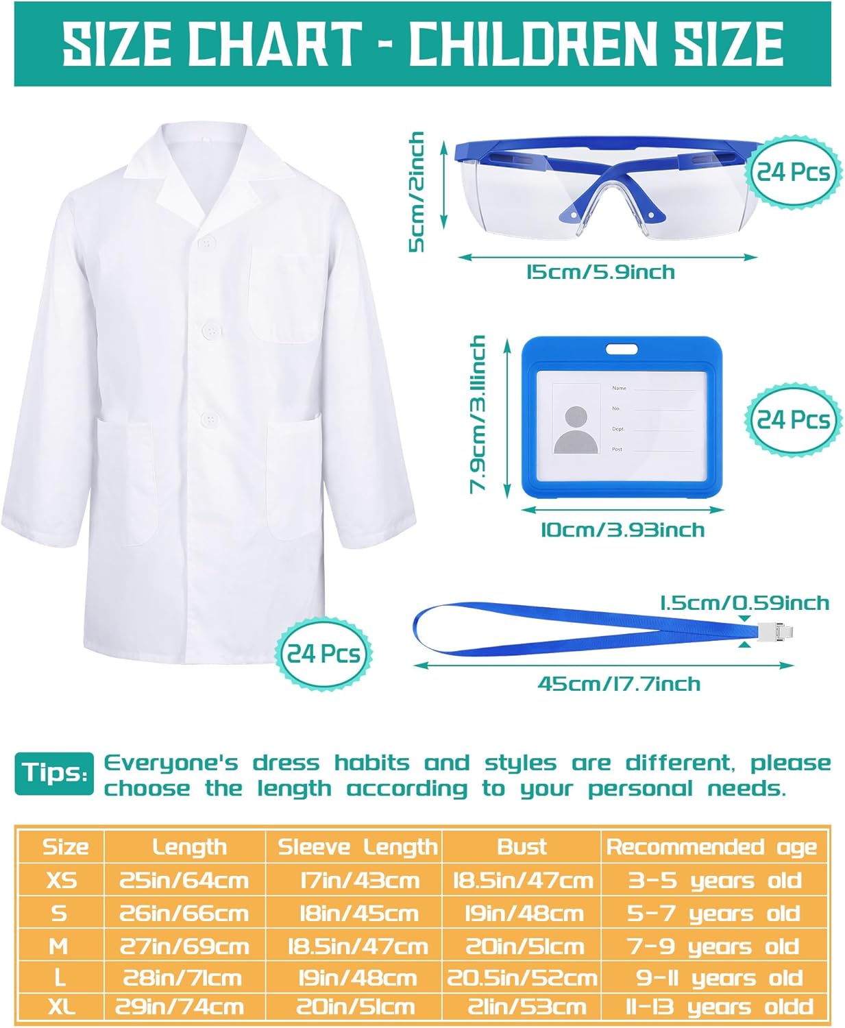 Xtinmee Kids Lab Coat Set Halloween Doctor Costume with Goggles ID Card Kit Science Dentist Doctor Dress Up - Image 2