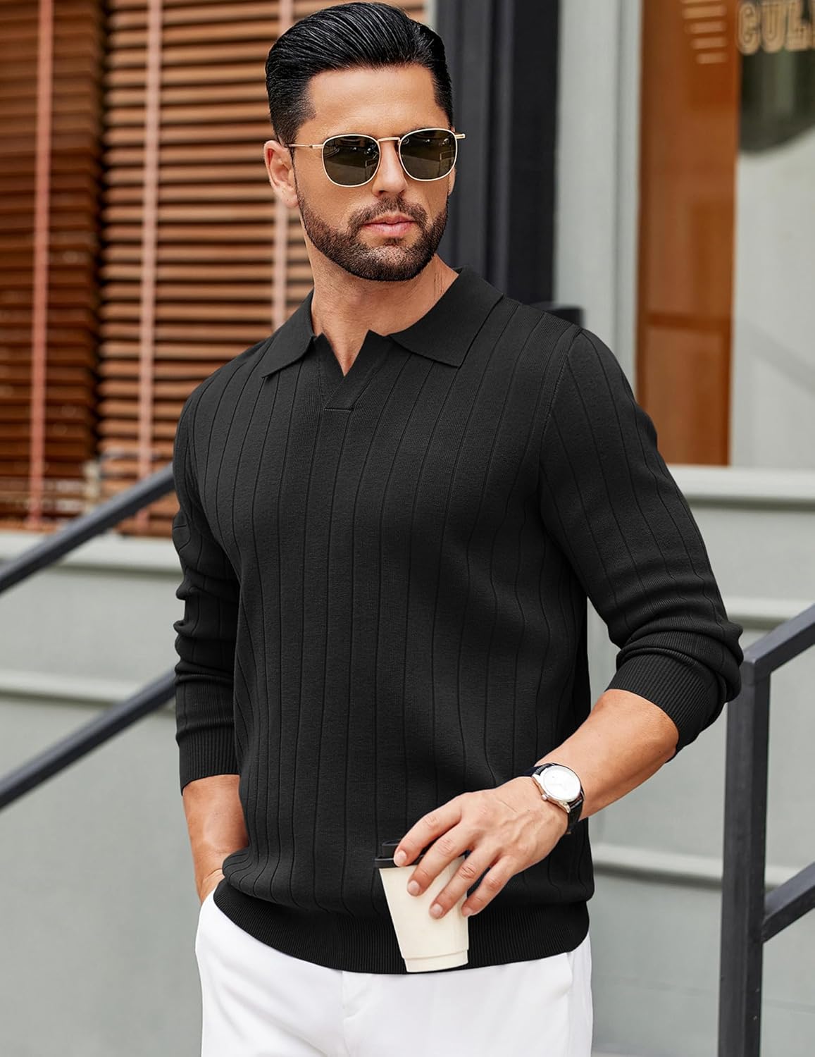COOFANDY Mens Sweaters Polos Long Sleeve V Neck Knit Polo Lightweight Casual Pullover Sweater - Image 2