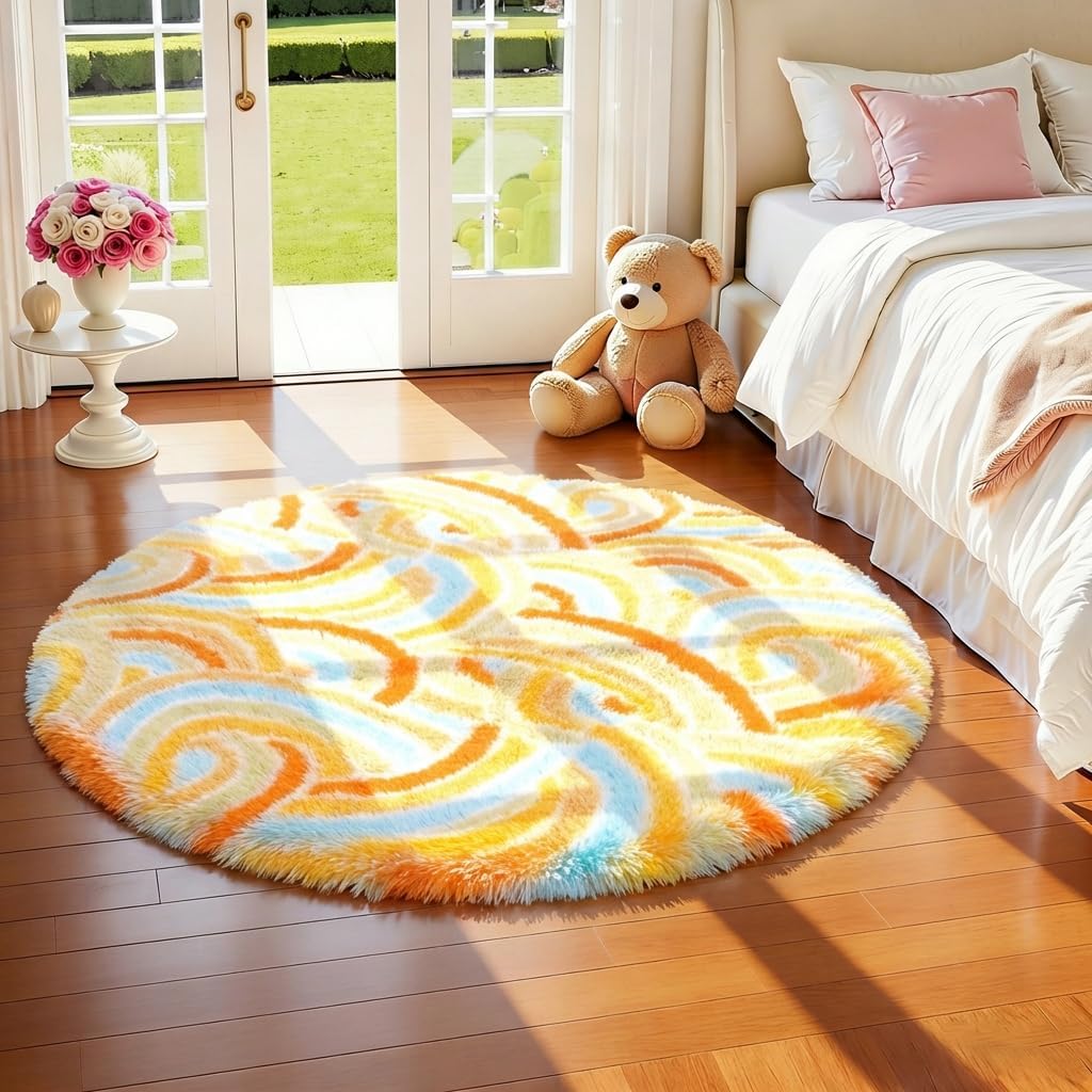 Round Area Rug for Bedroom Living Room,4ft Fluffy Circle Rug for Girls Room Decor Aesthetic,Soft Plush Shaggy Fuzzy Carpet for Kids Room, Nursery, Preppy Dorm,Playroom Home Decor