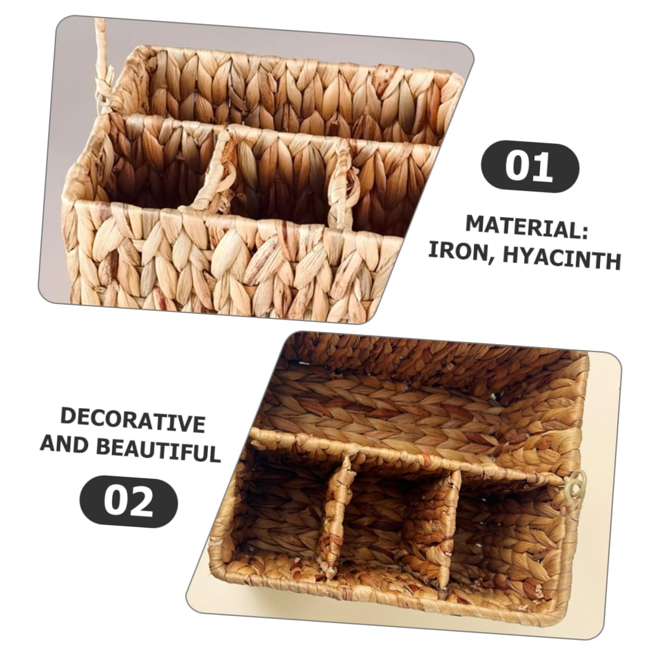 Cesta Tejida de Fibra Natural para Cubiertos con Compartimentos, Organizador Decorativo y Delicado para Cocina y Baño, Soporte Multifunción de Hierro