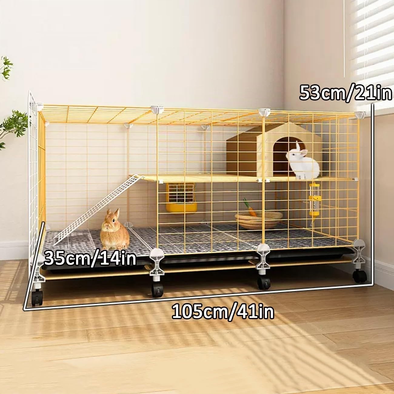 Jaula para Conejos, Jaula para Cobayas, Jaulas Metálicas para Animales Pequeños para Cobayas, Conejos, Fácil de Limpiar, Ruedas con Cerradura de Seguridad(105 * 35 * 53cm)