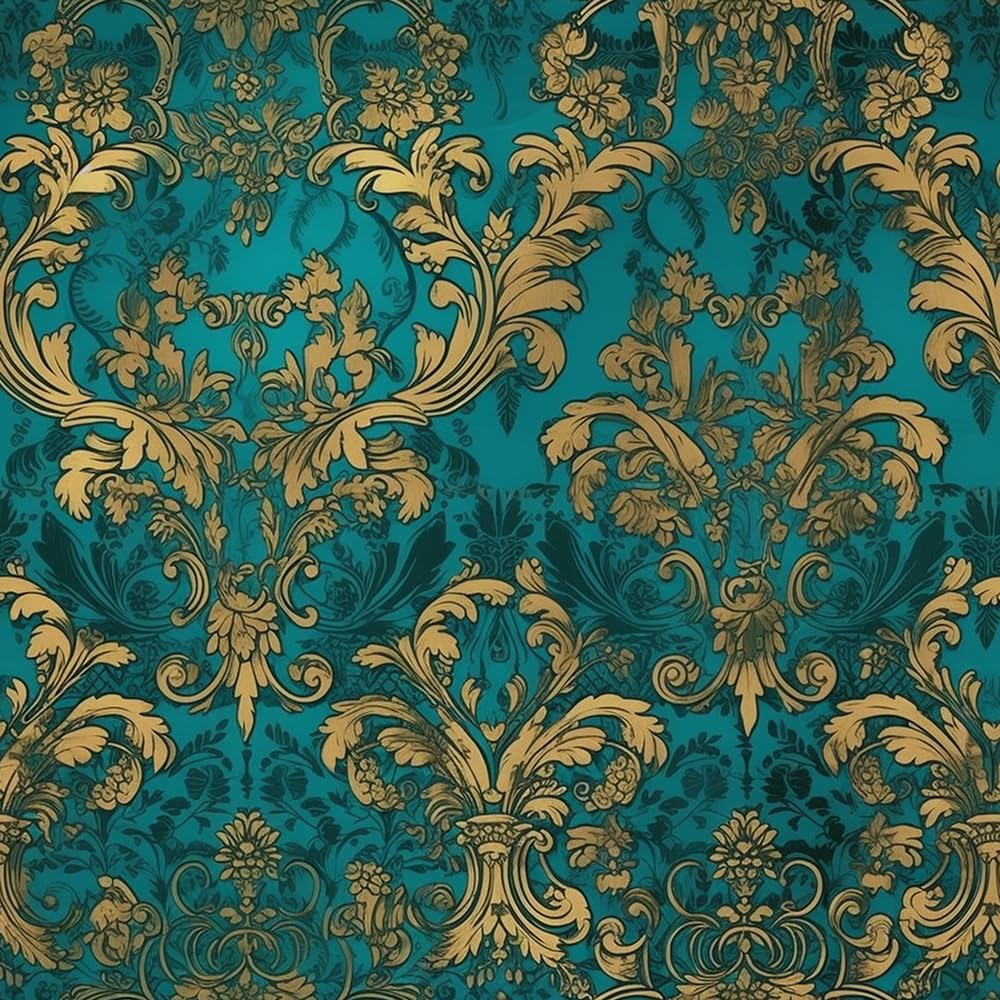 REDAMANCY Antique Gold Teal Green Damask Flower Peel and Stick Wallpaper Modern Cute Wall Paper Stick on Contact Paper Easy Peel Off for Bedroom