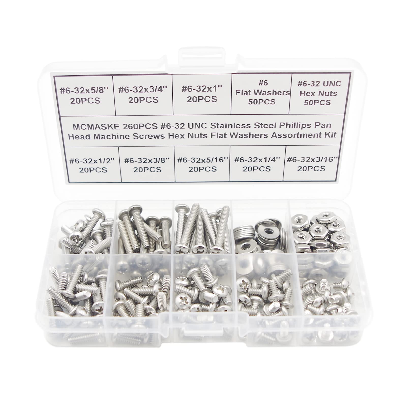 MCMASKE 260PCS #6-32 UNC Stainless Steel Phillips Pan Head Machine Screws Hex Nuts Flat Washers Assortment Kit