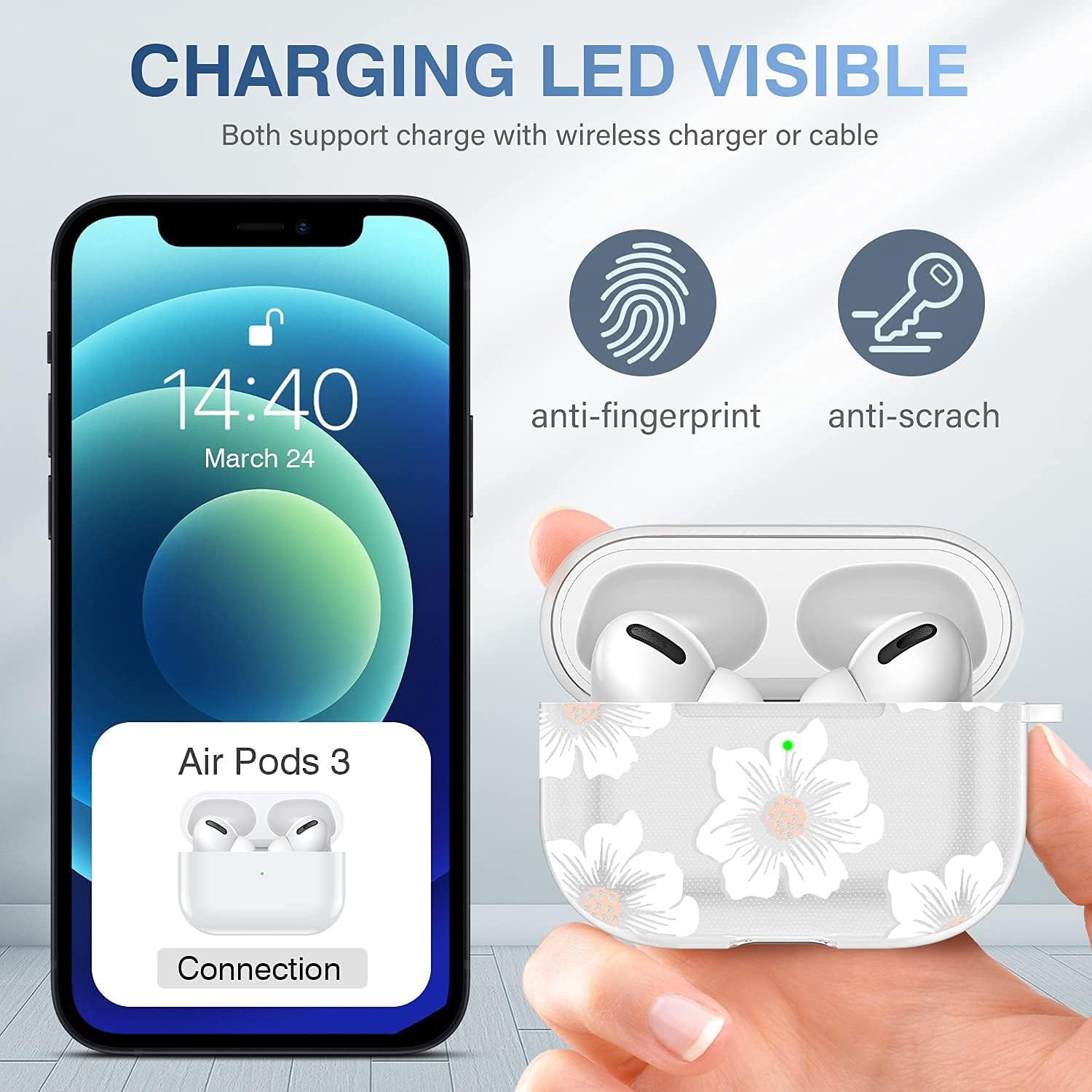 Maxjoy Airpod Pro Case White Flowers with Keychain Floral for Airpods Pro Case Women Girls Apple Airpod Pro Charging Case Cover Protective Case LED Visible (Morning Glory)