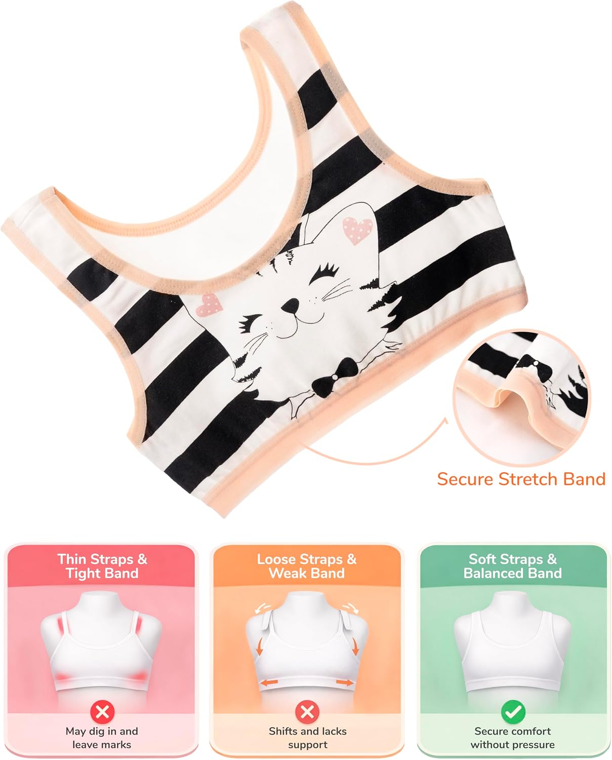 Donella Girls Training Bras - Soft Cotton Kids Sports Bra, 5 Pack Crop Tops