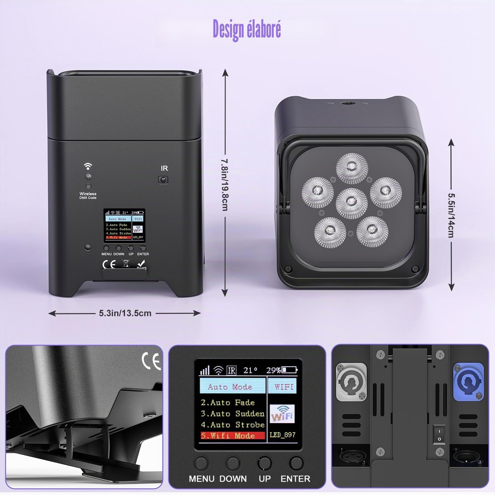 Lot de 4 projecteurs LED 108 W RGBWA-UV - Contrôle par application avec paquet lumineux - Batterie LED avec DMX et télécommande - Pour fête, Halloween, Noël