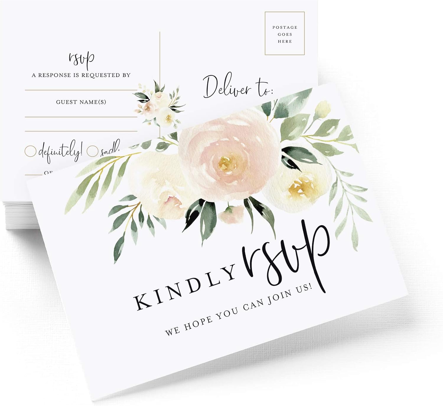 Bliss Collections RSVP Post Cards - Pack of 50 All Occasion Blush Floral Reply Cards, 4 x 6 Heavyweight Card Stock for Weddings, Receptions, Showers, Birthday Parties, Celebrations, Special Events
