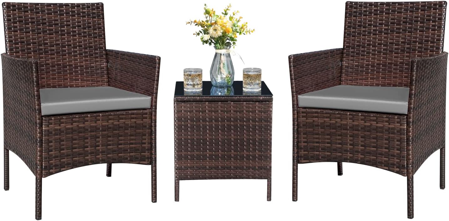 Greesum 3 Pieces Patio Furniture Sets Outdoor PE Rattan Wicker Chairs with Soft Cushion and Glass Coffee Table for Garden Backyard Porch Poolside, Brown and Beige