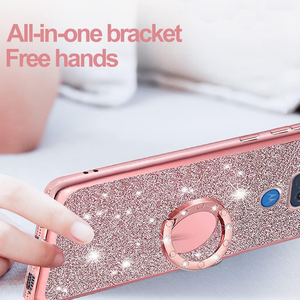 B-wishy for Moto G Play 2021 Phone Case with Stylus Pen, Luxury Glitter Sparkles Cute Silicone TPU Case for Women Girls with Kickstand, Bling Rhinestone Bumper Ring Holder Slim Case,Pink