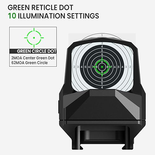 Miniatura 2 de VOTATU RMD502-EG - Mira de punto verde para rifle Shake Awake Reflex Sight 2 MOA Dot 62 MOA Circle 0.039x1.181 in Picatinny óptico alcance