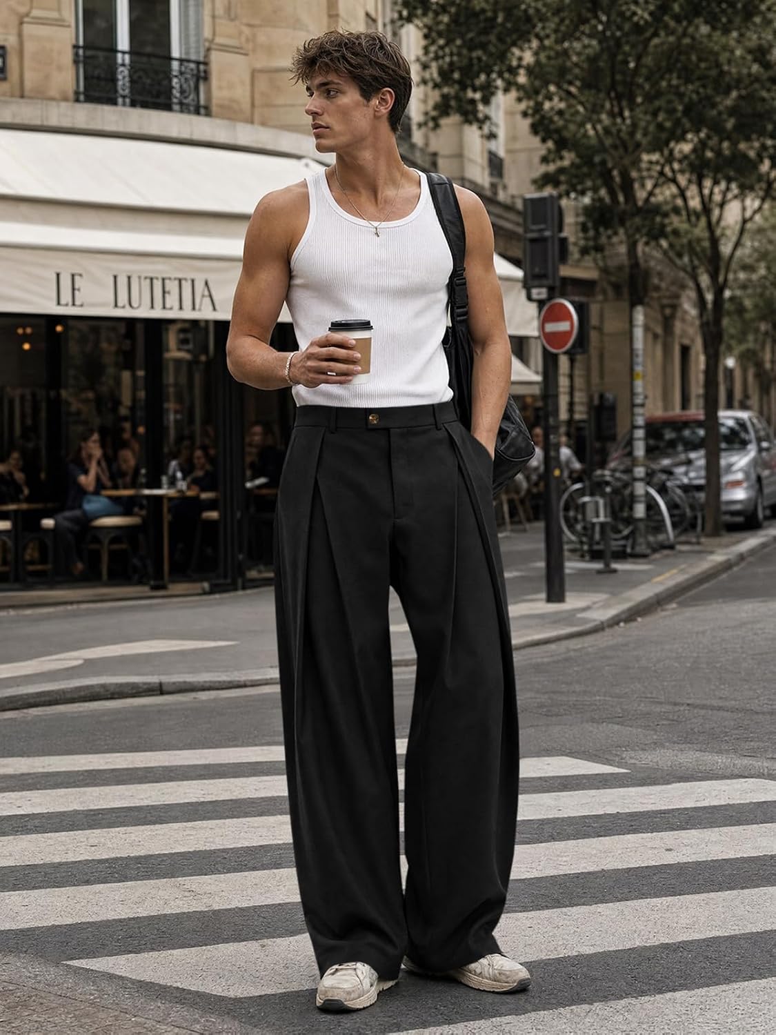 Runcati Mens Baggy Wide Leg Dress Pants Pleated Zipper Fly Casual Elastic Waist Trousers Relaxed Fit Work Business Slacks