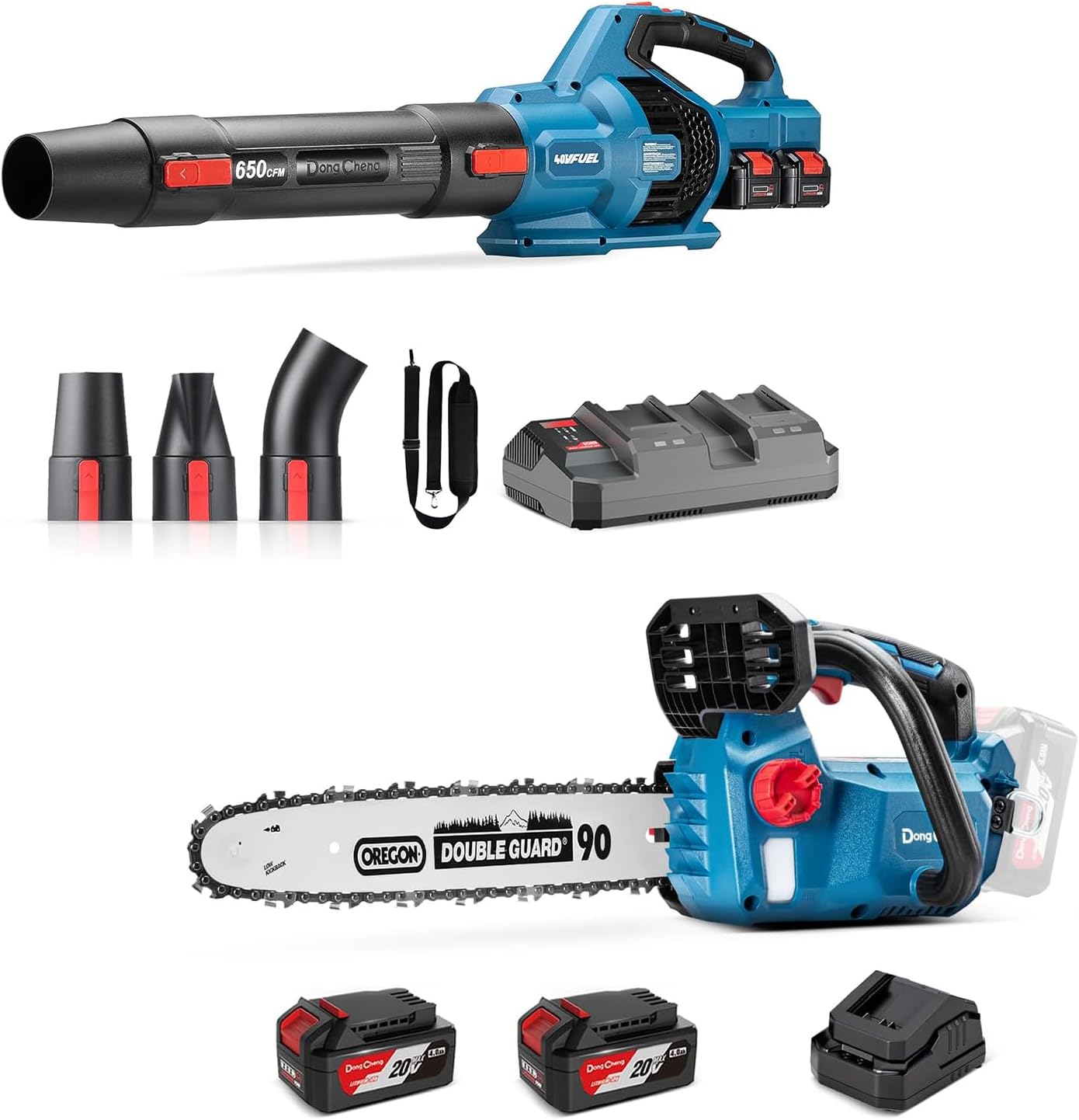Dong Cheng 40V 650CFM Brushless Cordless Leaf Blower& 12 Inch 20V Brushless Cordless Chainsaw