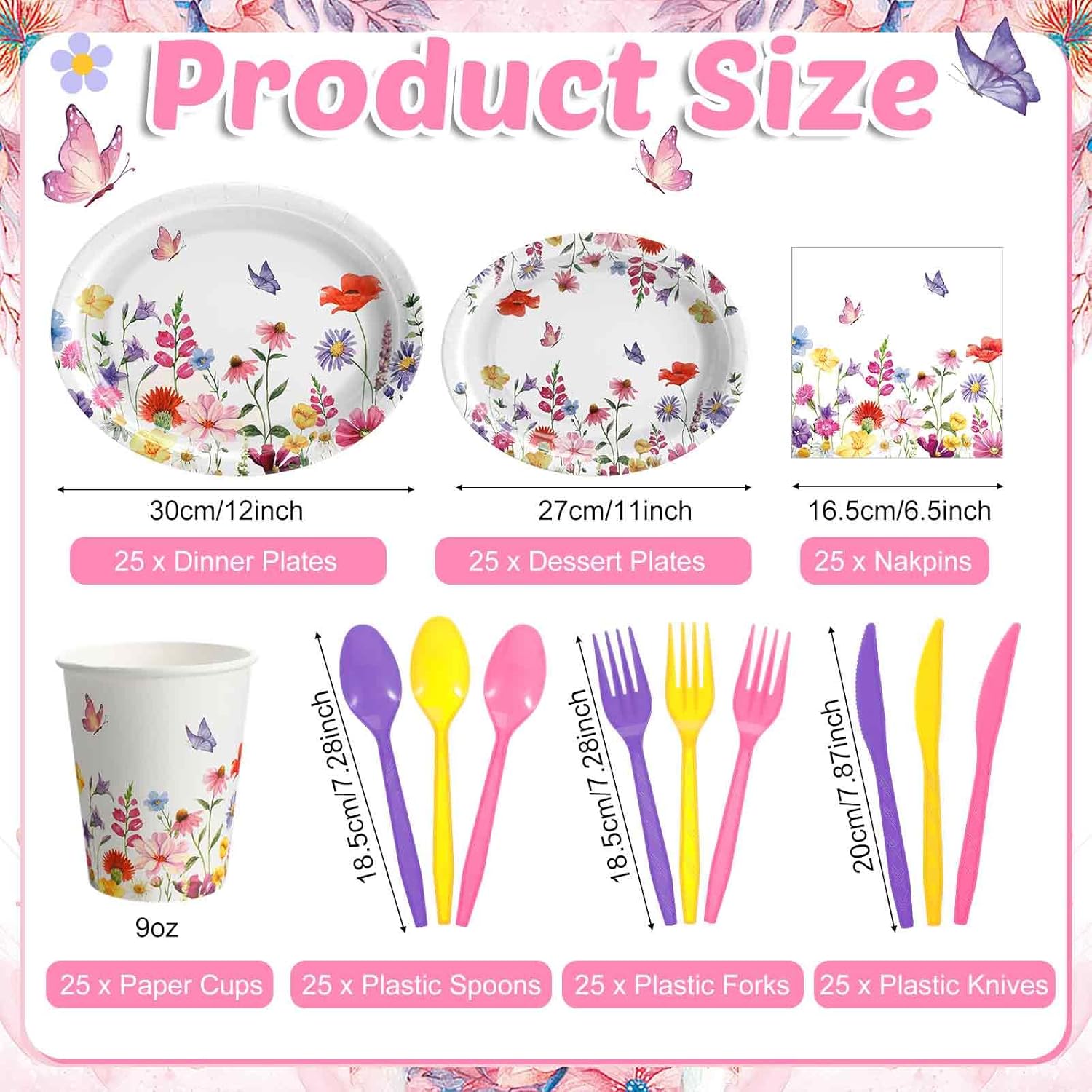 175 Pieces Spring Party Supplies Flower Party Tableware Set for 25 Guests Include Oval Dinner Plates Dessert Plates Napkins Paper Cups Plastic Forks Spoons Knives