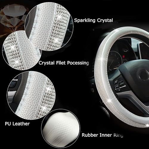 Miniatura 4 de Funda de cuero para volante, diseño con diamantes de imitación, ajuste universal de volantes de auto de 15 pulgadas, para mujeres y niñas, Plateado
