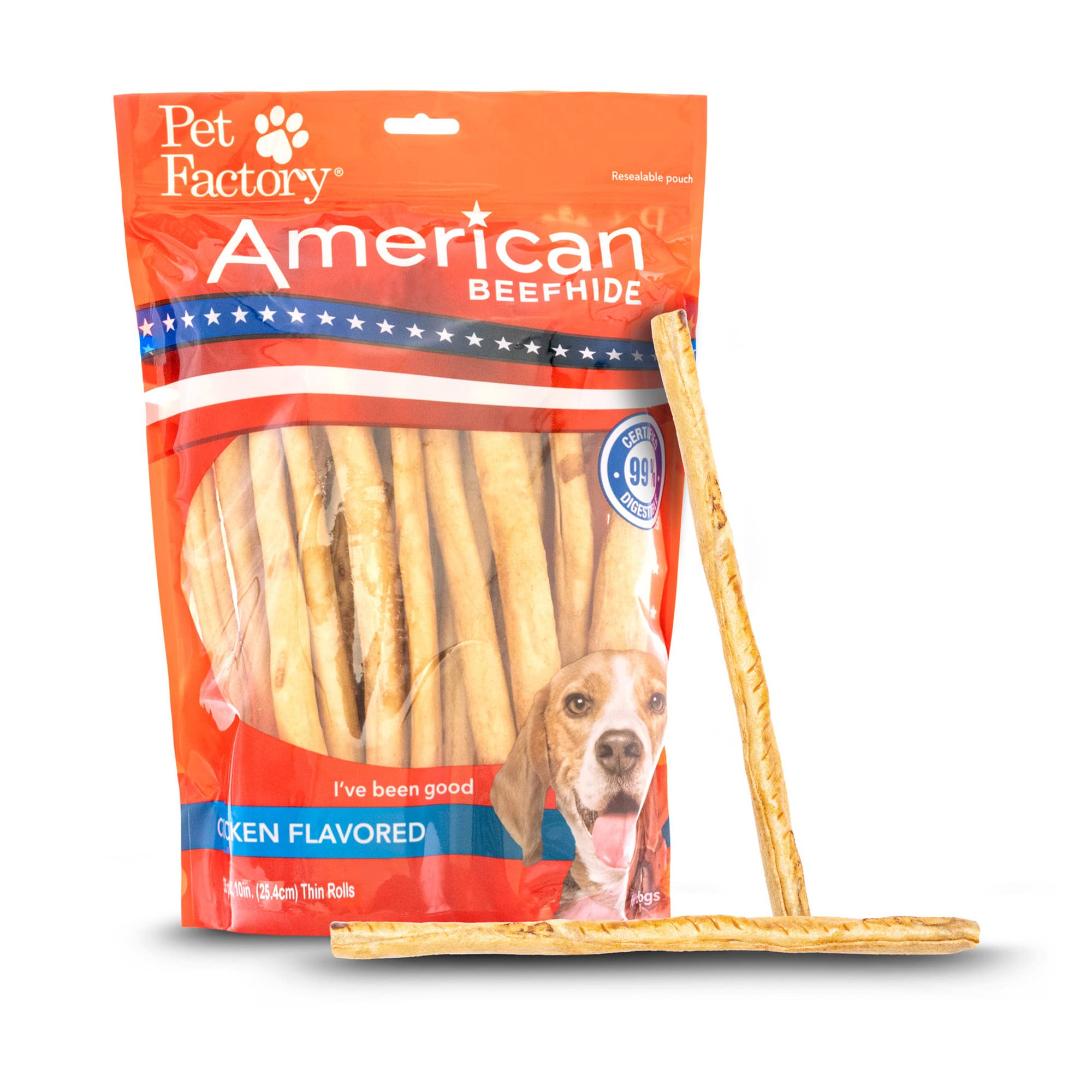 Pet Factory American Beefhide 10" Thin Rolls Dog Chew Treats - Chicken Flavor, 35 Count/1 Pack