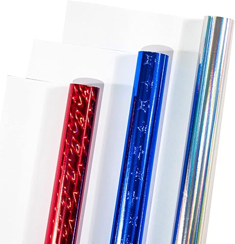 Miniatura 6 de LeZakaa Rollo de papel de regalo holográfico, mini rollo, estrella azul, rayas rojas, colores plateados para el día de la independencia, cumpleaños,