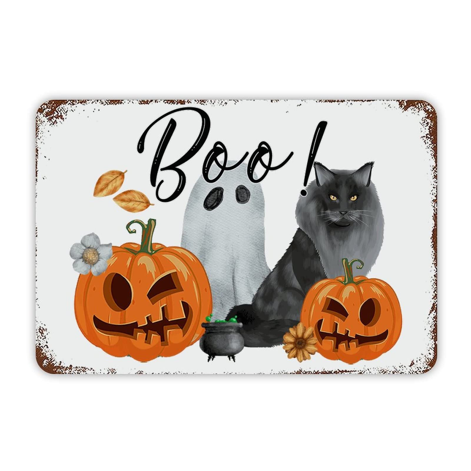 ENEDNATE Farmhouse Man Cave Metal Sign Boo Halloween Cat Ghost Pumpkin Retro Aluminum Tin Metal Signs for Indoor & Outdoor Yard Office Kitchen Living Room Door Home Décor 8x12 Inch