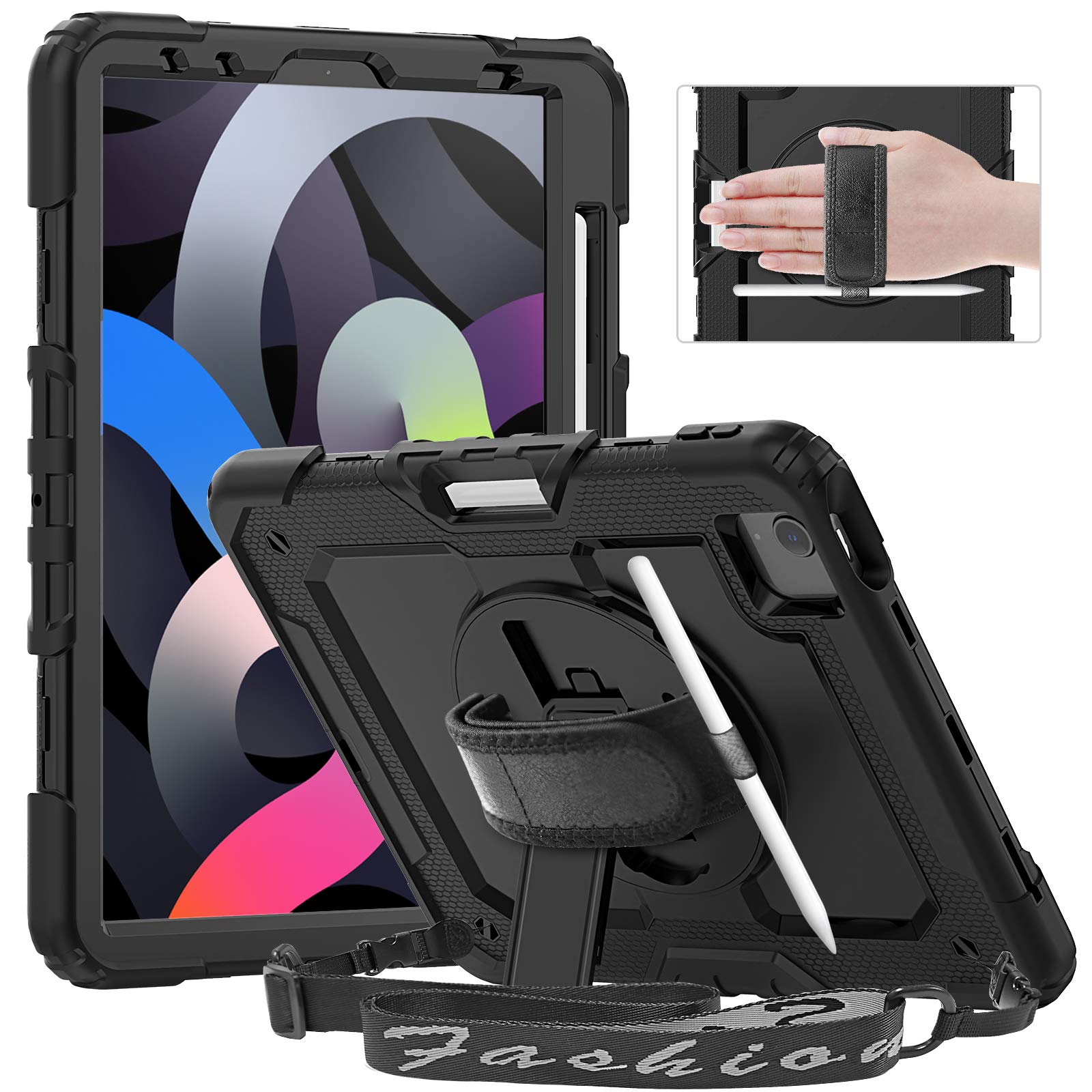 Timecity iPad Air 5th/4th Generation case 10.9 Inch 2022/2020, Full-Body Shockproof Case with Screen Protector, 360° Rotating Stand, Hand/Shoulder Strap & Support Pencil 2nd Charger -Black