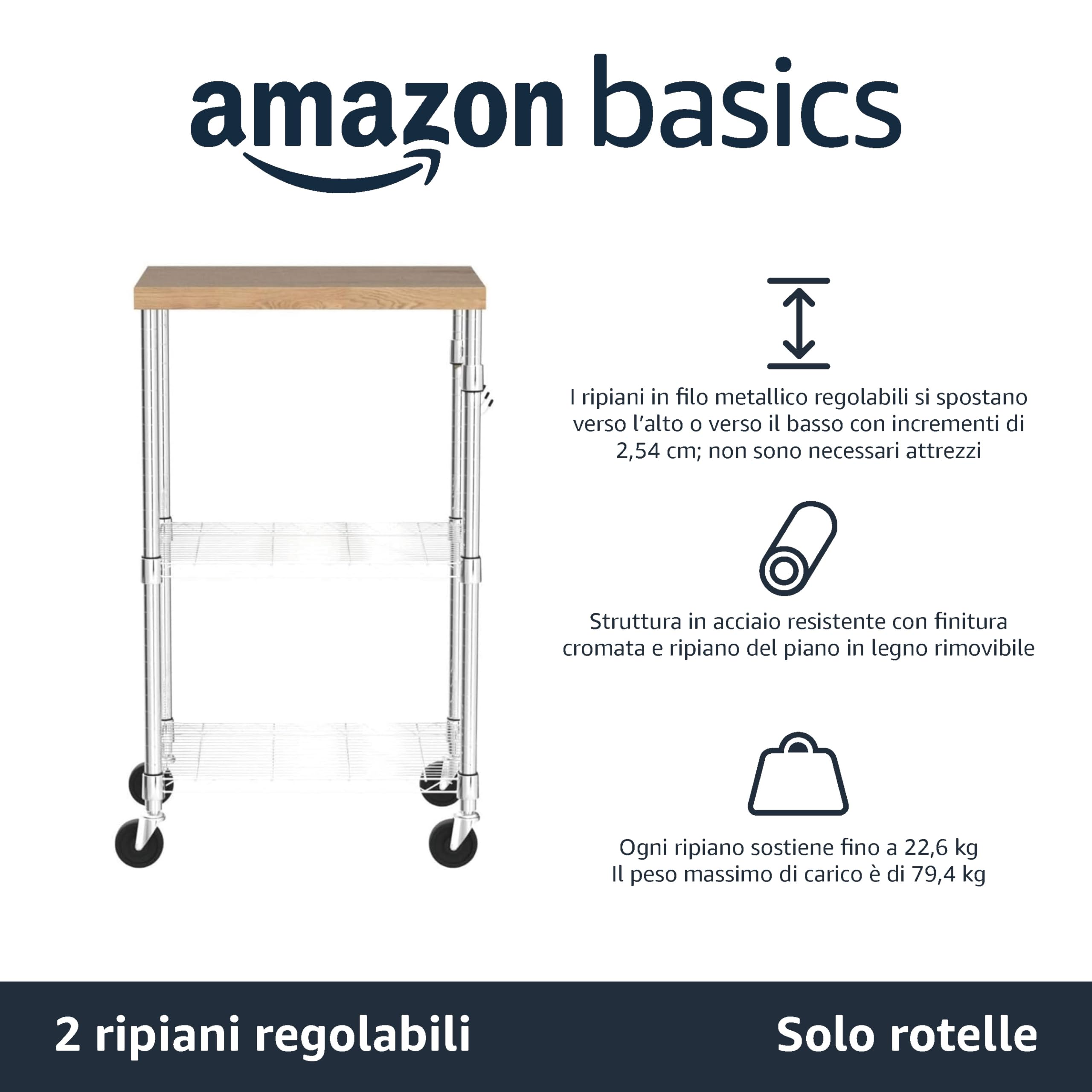 Amazon Basics scaffale da cucina portatile a 3 ripiani su ruote girevoli con 2 ripiani regolabili, capacità 175 libbre, 53 x 38 x 92 cm (lunghezza x larghezza x altezza), In Legno/Cromato