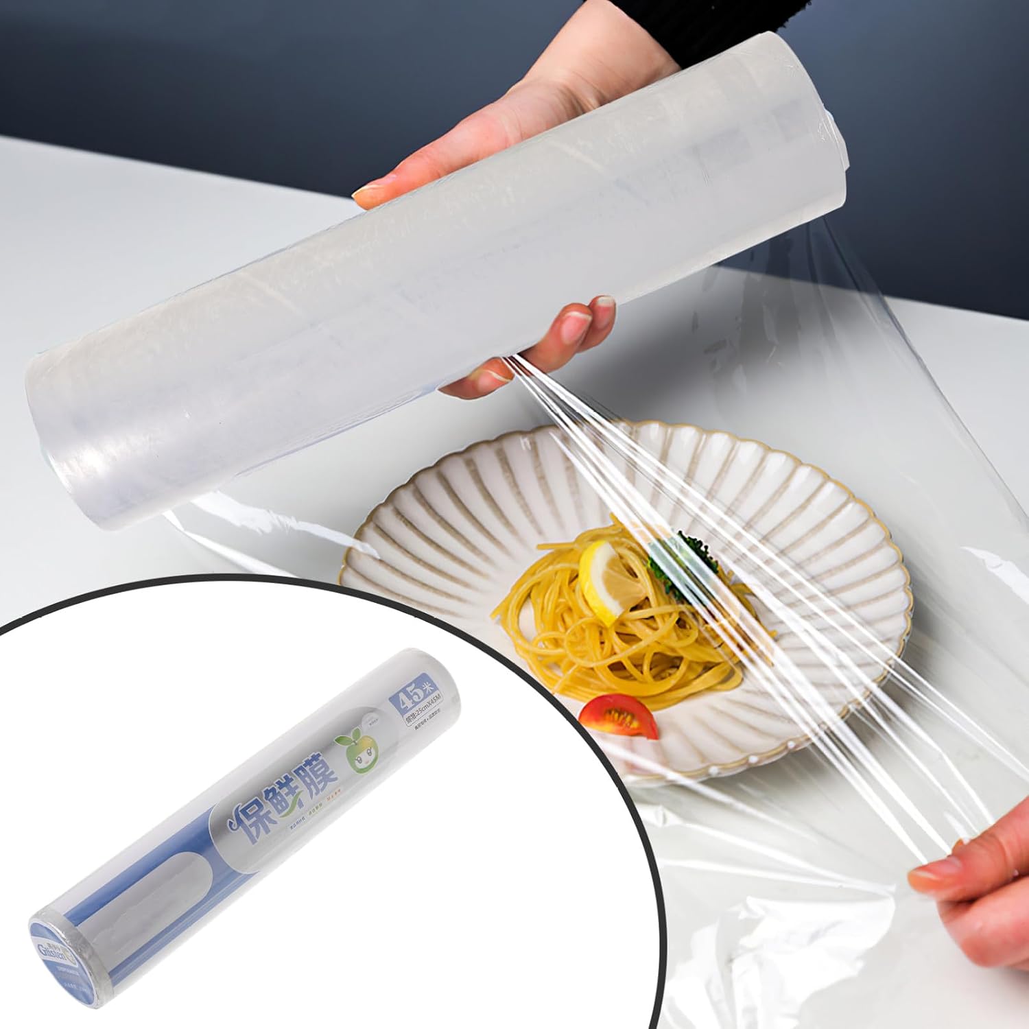 MAGICLULU 2 Rolls 25cm 45m Disposable Pe Food Cling Wrap with Slide Cutter Airtight Food Grade Plastic Wrap for Kitchen and Vegetable Fruit Preservation