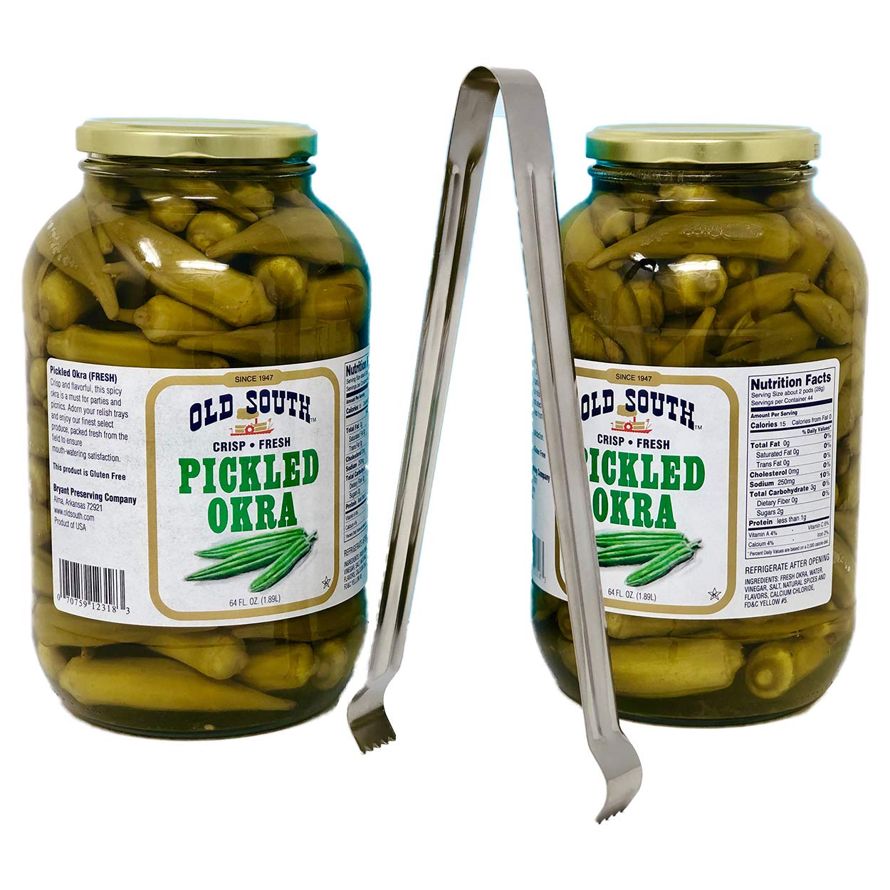 Old South Crisp Fresh Pickled Okra (2 x 64 fl oz jars) bundled with a complimentary 9" stainless steel tong - Gluten Free - Kosher