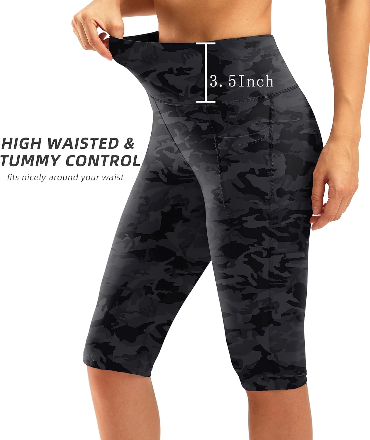 SANTINY Women's Knee Length Capri Leggings with Pockets High Waisted Workout Exercise Yoga Capris Pants for Women - Image 3