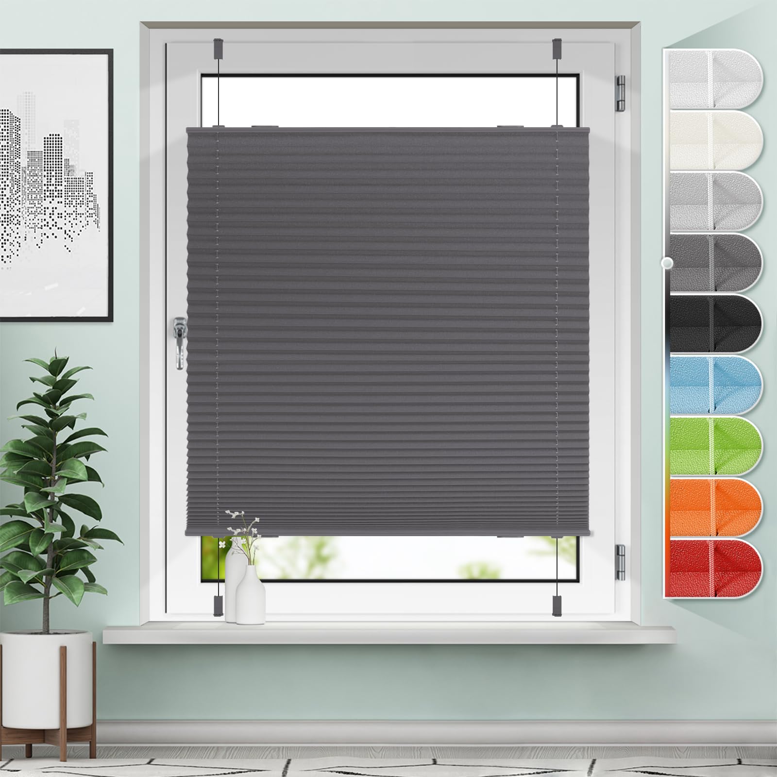 Sanfree Plissee ohne Bohren Klemmfix Anthrazit B90 x H110cm Jalousie Faltrollo Plisseerollo ohne Bohren für Fenster & Tür